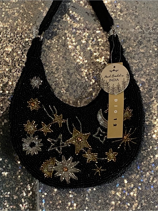 Studio 12 Handbags - Studio 12 Celestial Hand Beaded Moon Stars Crescent Bag NWT Black Viral Find